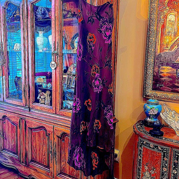 PARTY PARTY Gorgeous100% SilkSpenserJermy lightlyBeaded Purple&orangeFlowers.8π - Picture 3 of 13